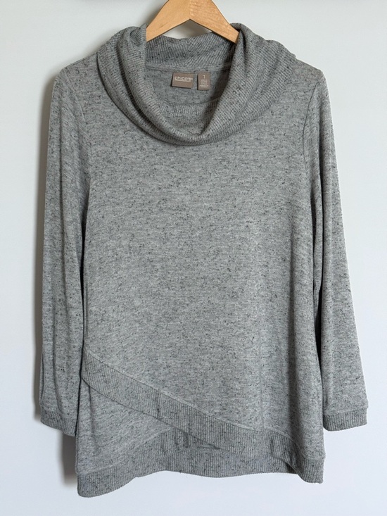 Chico's Sweaters - Chico’s Grey Heathered Cowl Neck Crossover Hem Long Sleeve Sweater Size 1